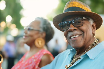 African American elderly couple attending an outdoor jazz festival, swaying to the music, enjoying the vibrant atmosphere and each other's company.