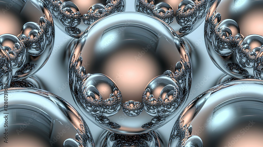 Poster set of 3d chrome balls arranged for design purposes. the balls vary in size, with a highly reflectiv