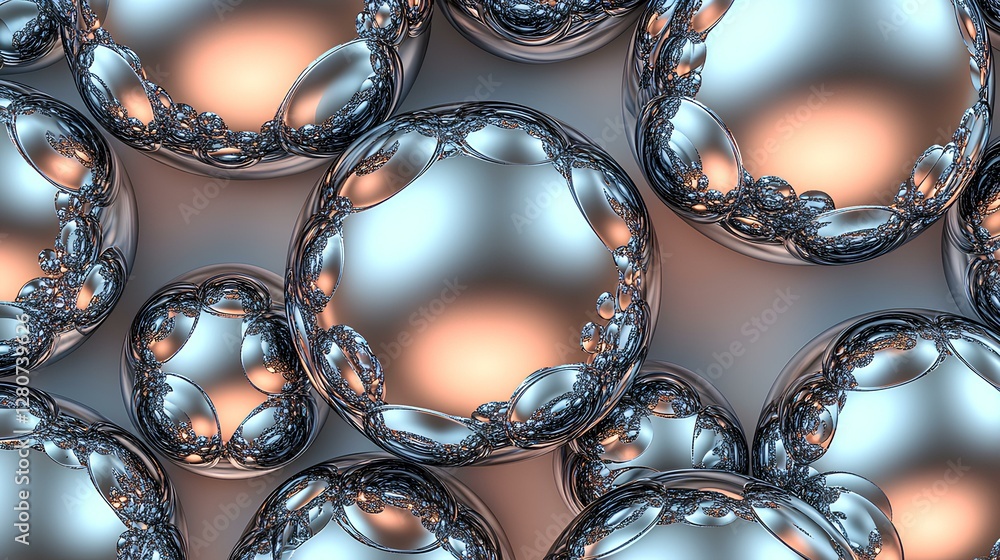 Poster set of 3d chrome balls arranged for design purposes. the balls vary in size, with a highly reflectiv