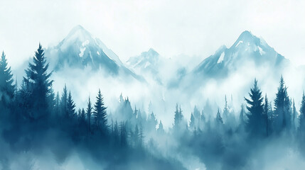 Watercolor Berglandschaft im Nebel