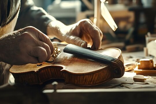 Close-up of skilled luthier's hands positioning the bridge on a finely crafted violin, showcasing precision and expertise in traditional instrument making within a workshop