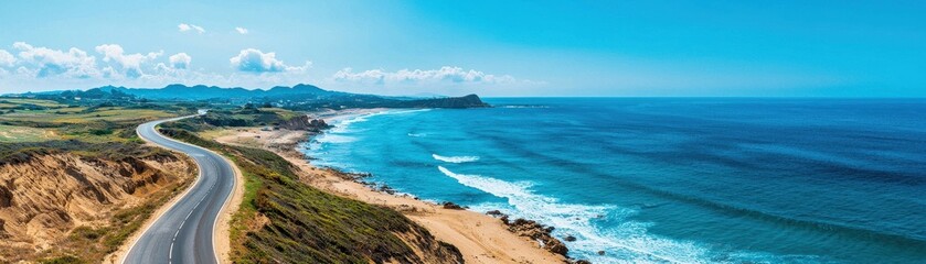 Obraz premium Scenic Coastal Road Overlooking Turquoise Ocean and Beautiful Cliffs Under Blue Sky with Soft White Clouds