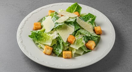 Delicious Caesar Salad with Parmesan Cheese and Croutons on a White Plate