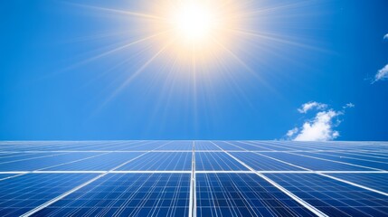Solar Panels with Radiant Sunlight Under Clear Blue Sky, Renewable Energy Concept