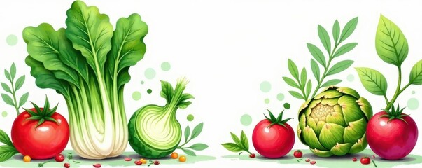 Loose watercolor style, playful veggie composition Focus on pak choi, artichoke heart , cauliflower, element