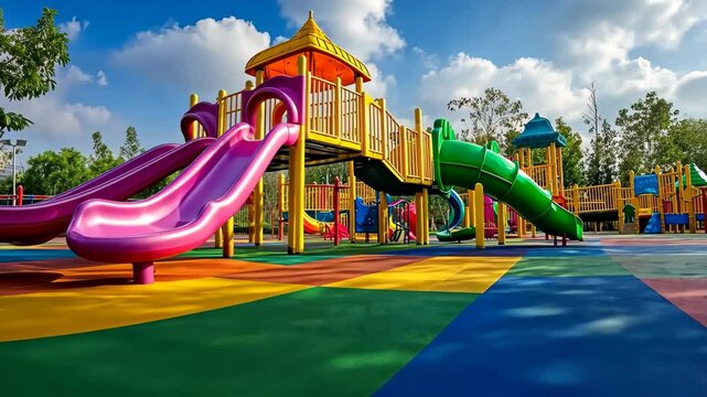Bright and inviting playground featuring slides and a colorful design in a sunny afternoon setting, beautiful and clean playground seamless ing timelapse virtual video Background