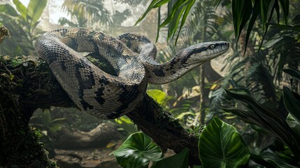 Naklejka premium Exotic snake coiled on lush tropical branch in vibrant jungle setting surrounded by dense foliage and natural sunlight
