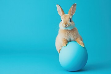 Easter bunny rabbit playing with blue painted egg on blue background. Easter concept, April holiday wallpaper. Copy space.