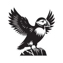 Puffin bird Silhouette Vector Illustration, Solid White Background.