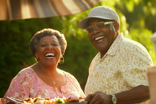 African American elderly couple enjoying a backyard barbecue with their family, grilling food, laughing, and sharing joyful moments.