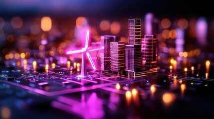 Fototapeta premium Futuristic cityscape with neon lights and circuit board design at night