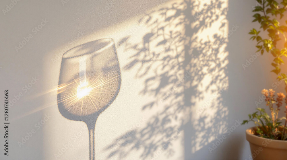 Poster a wall-mounted lamp emitting a soft, diffused light, casting a gentle shadow of a plant to its right