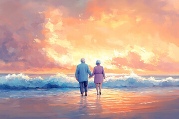 Fototapeta premium Caucasian elderly couple taking a walk on a quiet beach, holding hands as they watch the waves crash gently against the shore, the sky painted in pinks and oranges.