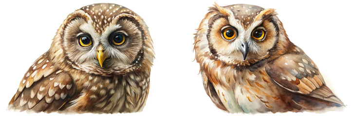 Realistic owl illustrations, detailed feathers, vibrant eyes, watercolor style, nature art, animal portrait, wildlife decor.