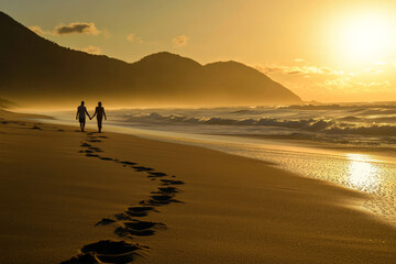 Brazilian senior couple walking along a tropical beach, holding hands, enjoying the ocean breeze, their footprints left in the sand under the golden sunset.