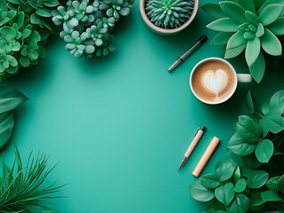 A flat lay composition featuring a variety of succulent plants arranged around a central space, accompanied by a cup of coffee and pens, creating a vibrant and refreshing workspace or creative corner