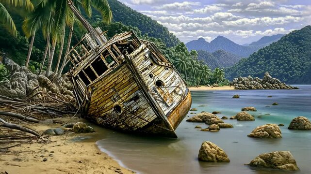 Old shipwreck resting on a tranquil beach with palm trees and mountains in the background at sunset