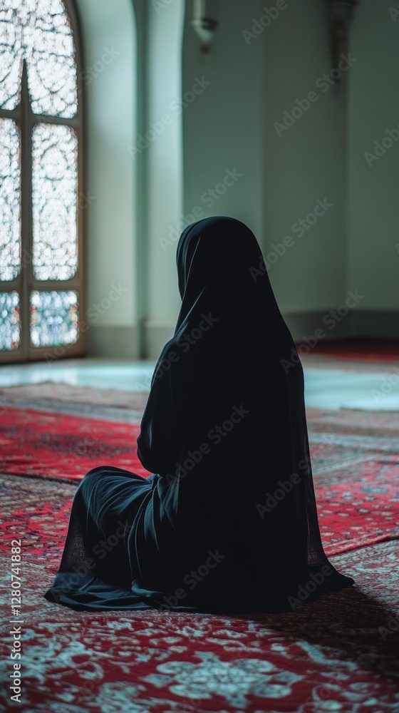 Poster a woman dressed in a flowing black garment sits quietly on a vibrant red carpet, lost in deep though