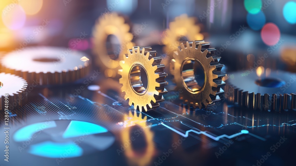 Aufkleber golden gears on circuit board with light effects in high-tech setting