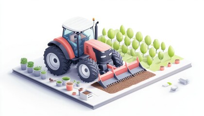 A vibrant 3D illustration of a tractor working in a farm setting, surrounded by trees, plants, and garden elements.