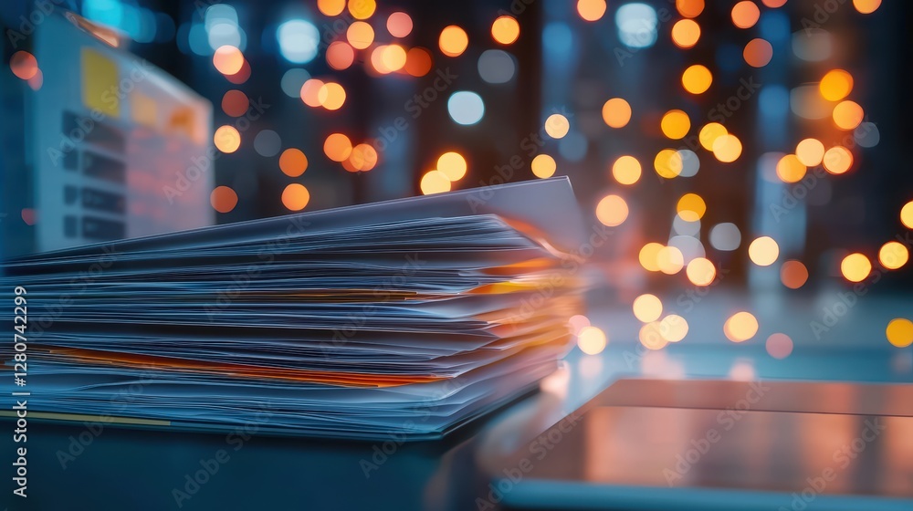 Aufkleber Stack of documents and tablet on desk with defocused orange and blue lights in background