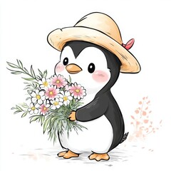 Fototapeta premium Adorable Penguin With A Bouquet Of Flowers Wearing A Straw Hat Artistic Render Isolated