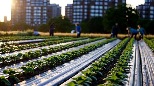 Static wide shot alongside urban farm. Morning sunlight. Volunteer with city skycraper in the distance.
