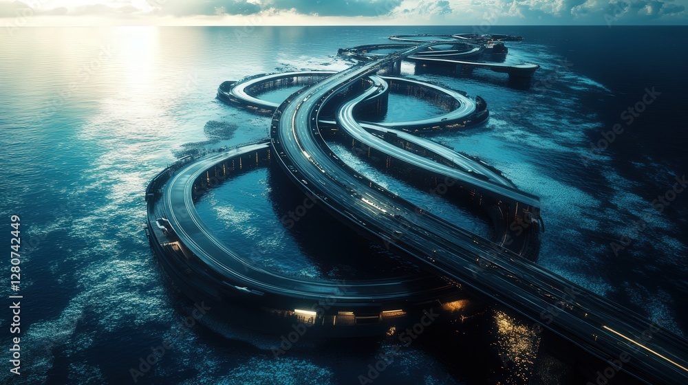 Poster satellite capture of a futuristic highway system connecting floating cities on the ocean.