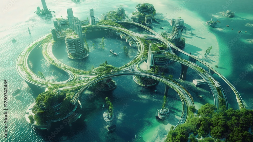 Poster satellite capture of a futuristic highway system connecting floating cities on the ocean.