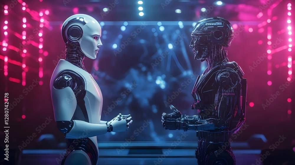 Poster futuristic robots engaging in a thoughtful conversation in a high-tech neon-lit environment