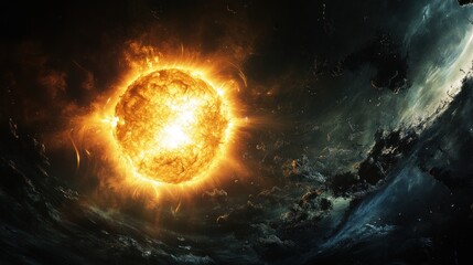 Obraz premium Fiery Sun Blazing Through Cosmic Clouds