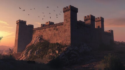 Fototapeta premium hill, its towers glowing under the last light of day. Shadows stretch across the stone walls.