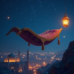 Arabian Nights, magic carpet ride, starlit sky, dreamy fantasy adventure
