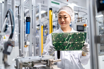 Japanese engineer working in advanced technology factory and controlling quality of printed circuit...