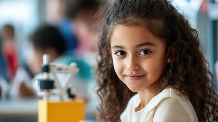 Smiling hispanic female child engaged in classroom science activity
