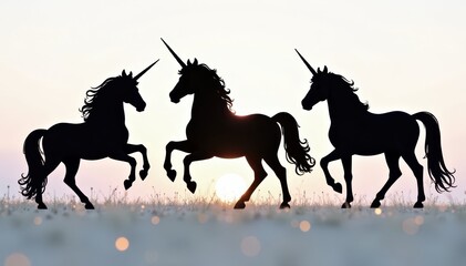 Naklejka premium Three black unicorn silhouettes, varied styles, shadow, free