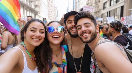 Pride Day Celebration, diverse group of joyful individuals holding rainbow flags, promoting equality and support for the LGBTQ+ community, festive atmosphere