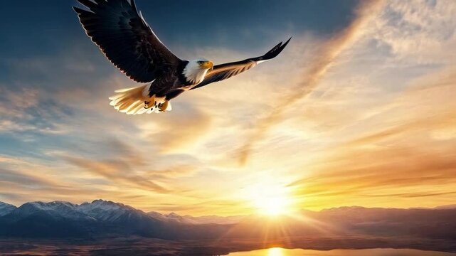 An eagle gracefully glides through the sky, its wings fully extended as it hunts in the golden light of sunset. The majestic mountains provide a breathtaking backdrop, highlighting its beauty.