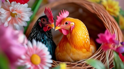 Fototapeta premium Two colorful chickens, one black and one golden, are nestled in a wicker basket surrounded by vibrant flowers. Concept Chickens in Basket, Vibrant Flowers, Colorful Pets, Nature's Beauty
