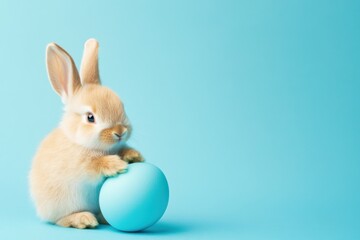 Obraz premium Easter bunny rabbit playing with blue painted egg on blue background. Easter concept, April holiday wallpaper. Copy space.