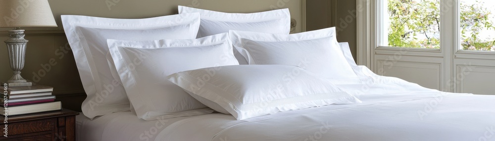 Poster Luxurious White Bedding Set with Multiple Pillows and Soft Textures in Modern Bedroom Setting