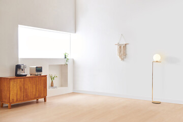 Empty room interior space background mock-up empty, sunlight, and shadows room walls, room with sunlight and wooden blank parquet floor.
