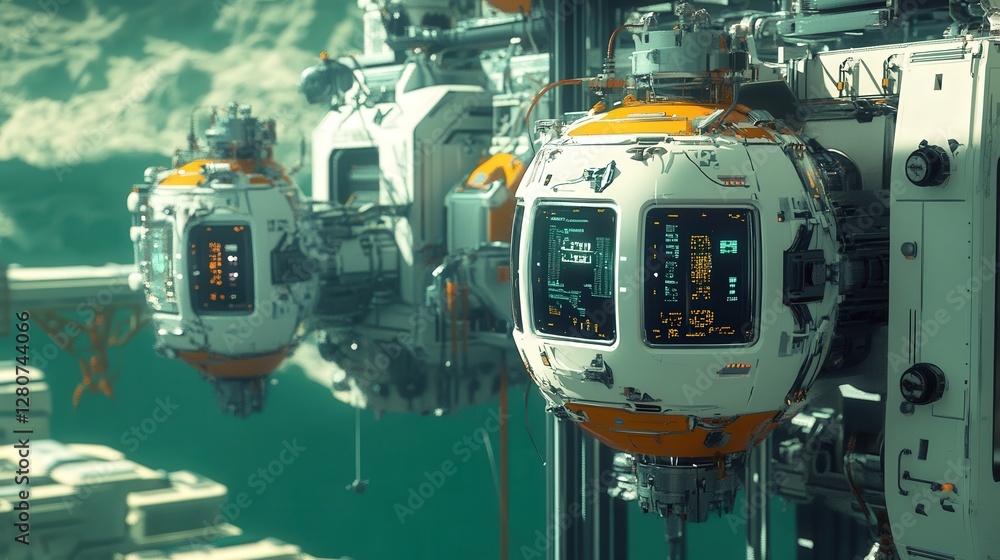 Poster advanced robotic factory producing self-sustaining ai colonies.