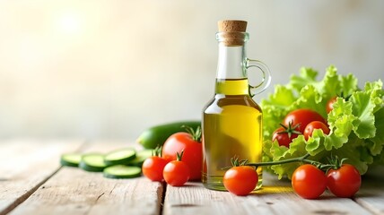 Fresh vegetables, olive oil and salad ingredients laid out on a wooden board