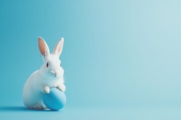 Obraz premium Easter bunny rabbit playing with blue painted egg on blue background. Easter concept, April holiday wallpaper. Copy space.