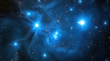 Obraz premium Pleiades star cluster, its brilliant blue stars surrounded by delicate cosmic dust clouds.