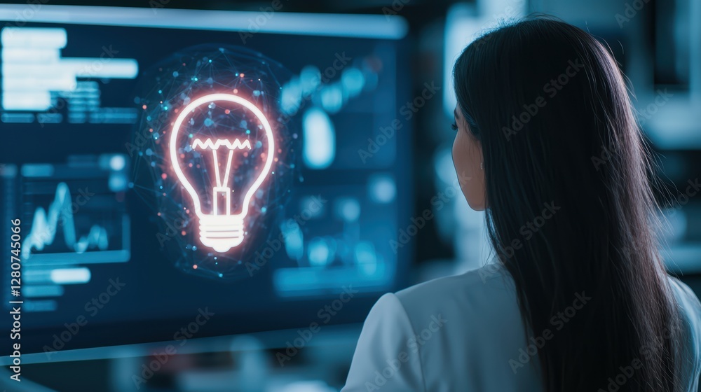 Poster asian female analyzing data with innovative technology on computer screen