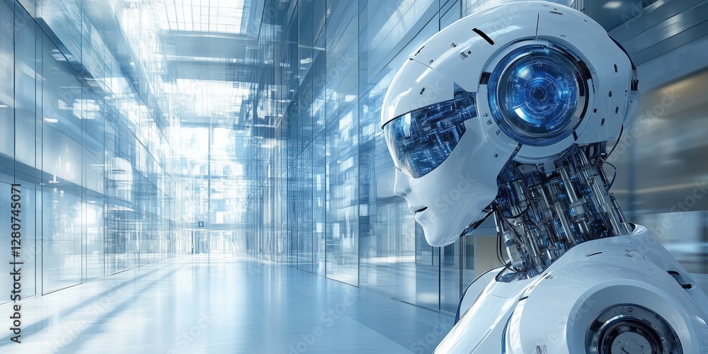 Poster futuristic ai robot in a modern office building interior design with sleek architecture and advanced
