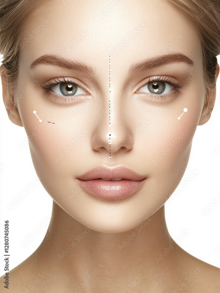 Poster detailed medical illustration of female face with marked botox injection points and anatomical featu