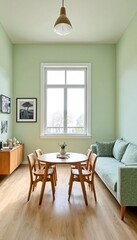 Fototapeta premium Interior of a room with mint green walls and light brown wood floors.